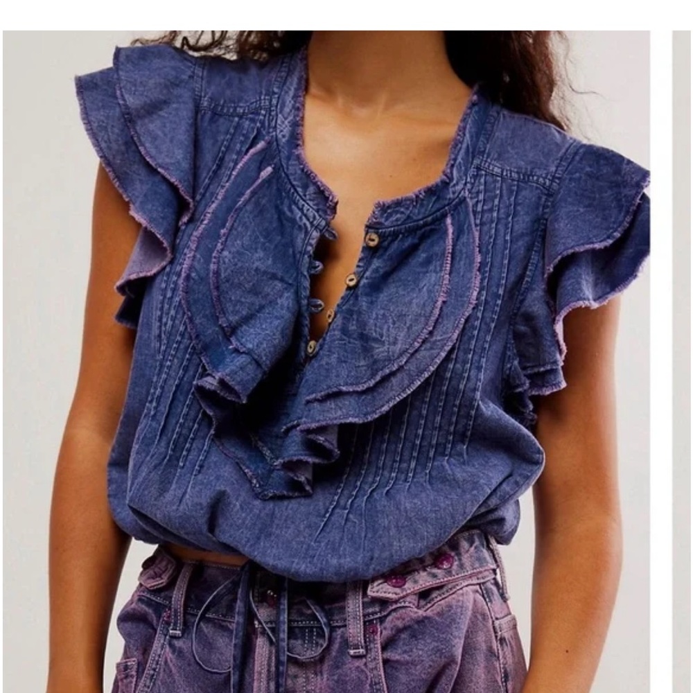 FREE PEOPLE/FP ONE "Naya" Flutter Sleeves Drawstring Hem Denim Top XS Indigo EUC